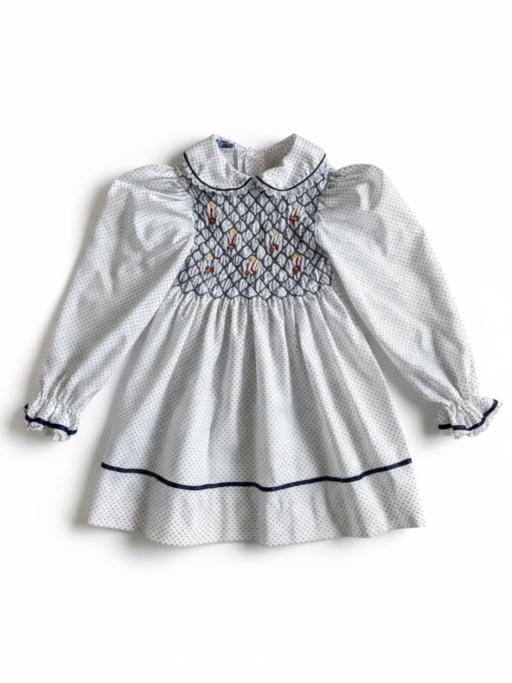 Polly Flinders Vintage Smocked Holiday Dress White Navy Polka Dot Girls Size 4